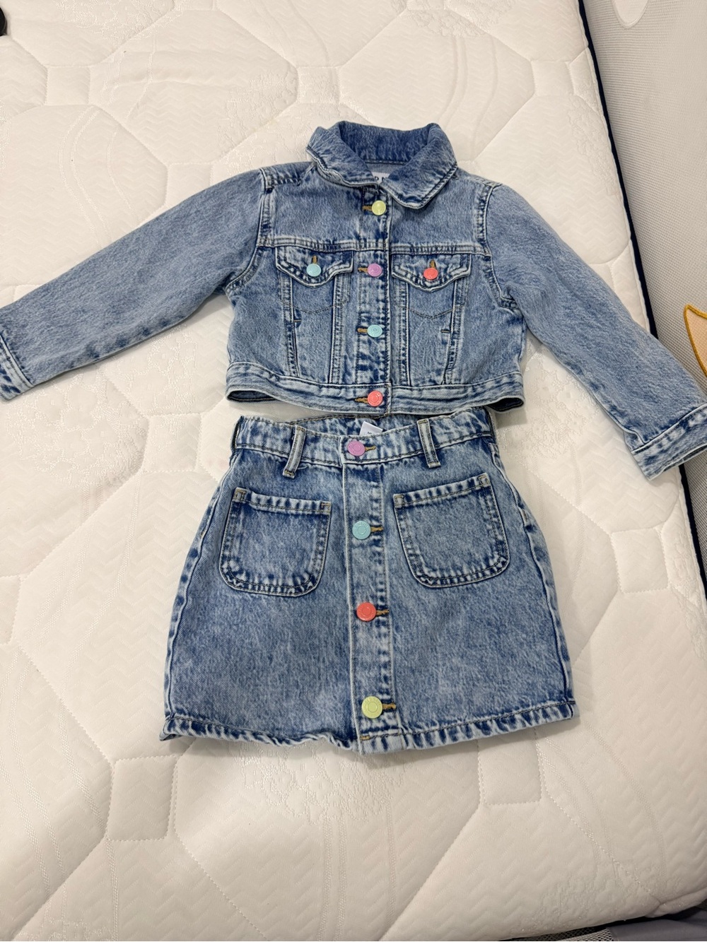 Old Navy Light Blue Denim Jacket and Skirt Set with Multicolor Buttons